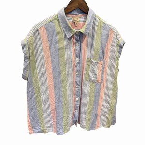 Como Vintage Linen Blend Stripe Top 2X Pastel Button Front Pocket